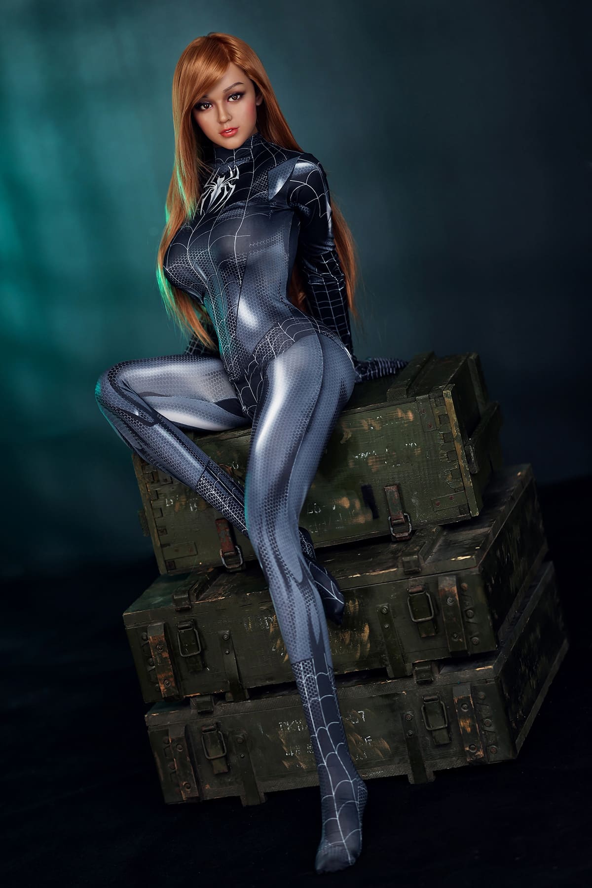 Blonde beauty sex doll wearing spiderman tight leather suit