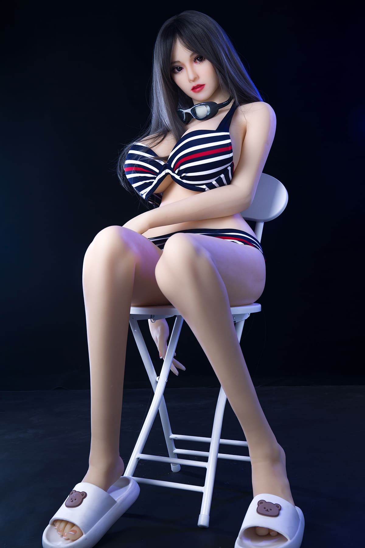 Adult size Japanese TPE sex doll in black and white striped bikini