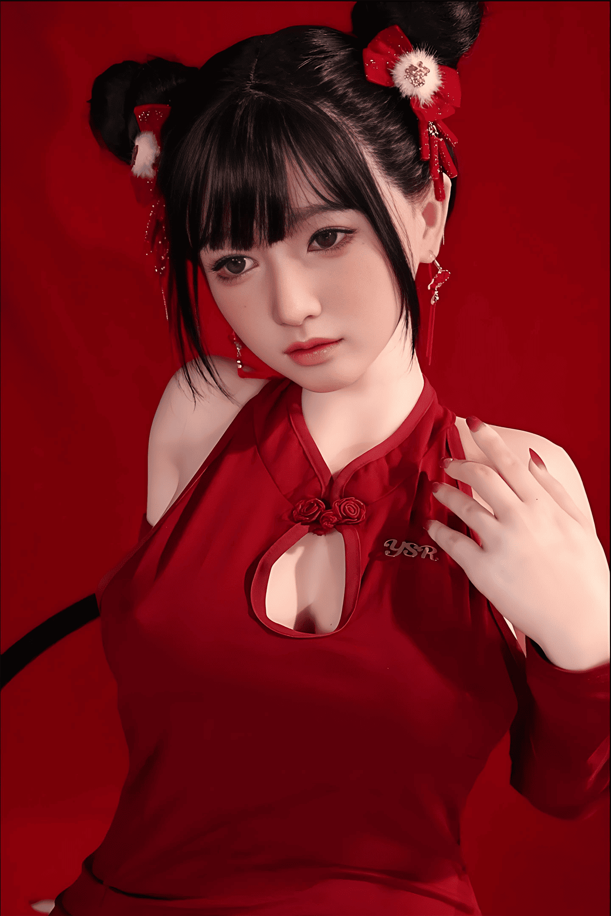 Cute Chinese silicone sex doll in red cheongsam for sale
