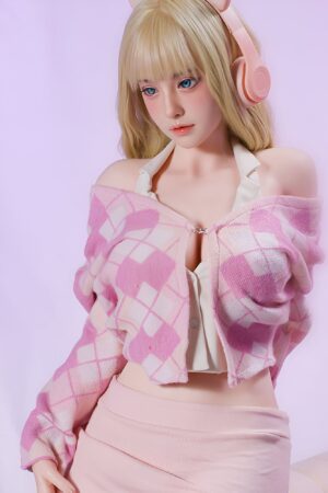 Lifelike silicone blue eyed blonde girl sex doll with headphones