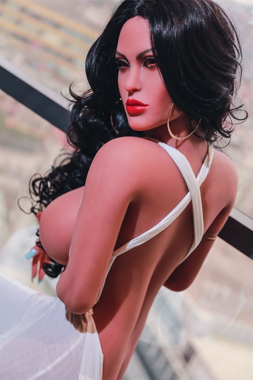 Black hair tanned sex doll backside