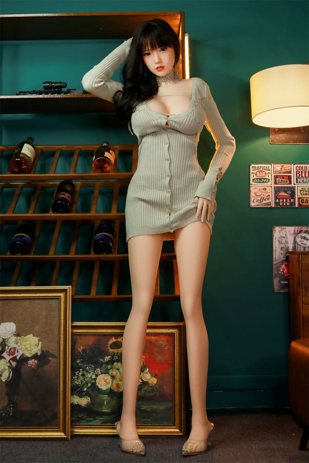 Japanese full body sex doll in green skinny wrap hip one piece dress