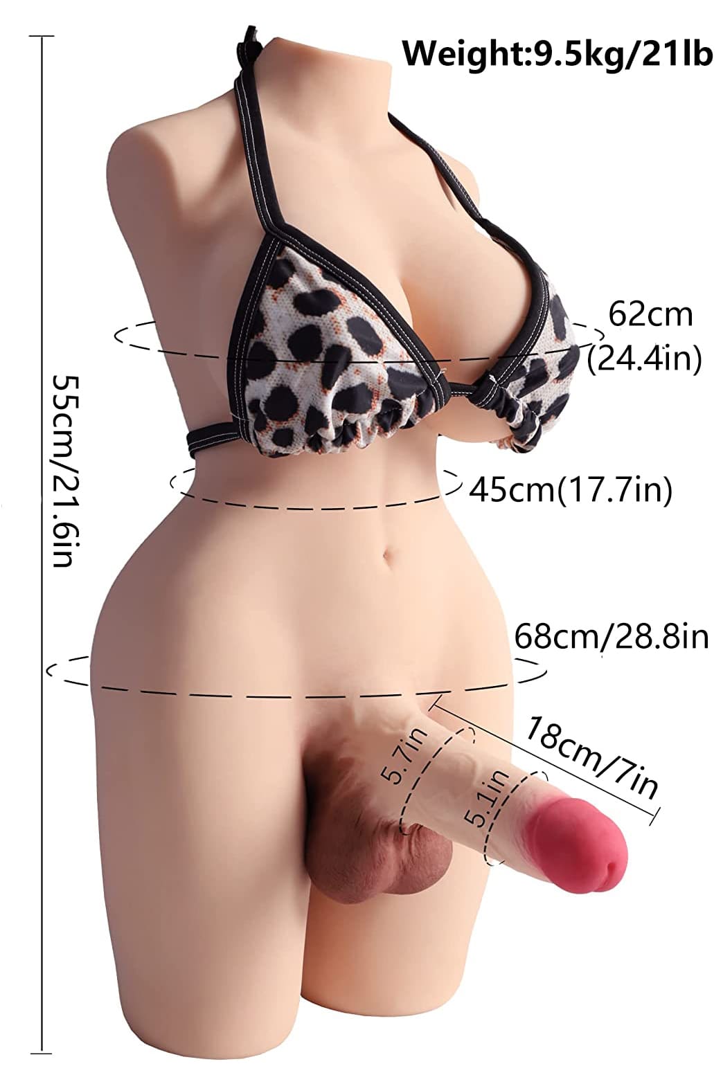Size of 21.6in shemale torso sex doll