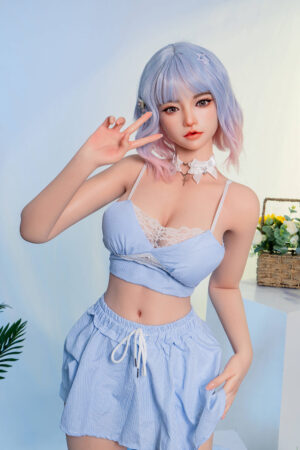 159cm cute silicone sex doll wearing a blue top and shorts
