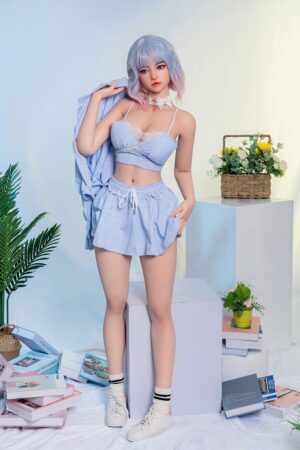 Japanese high school sex doll wearing blue underwear and a blue skirt